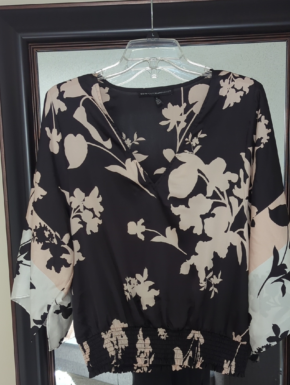 White House Black Market Black Blouse with Pink Floral Print Size M